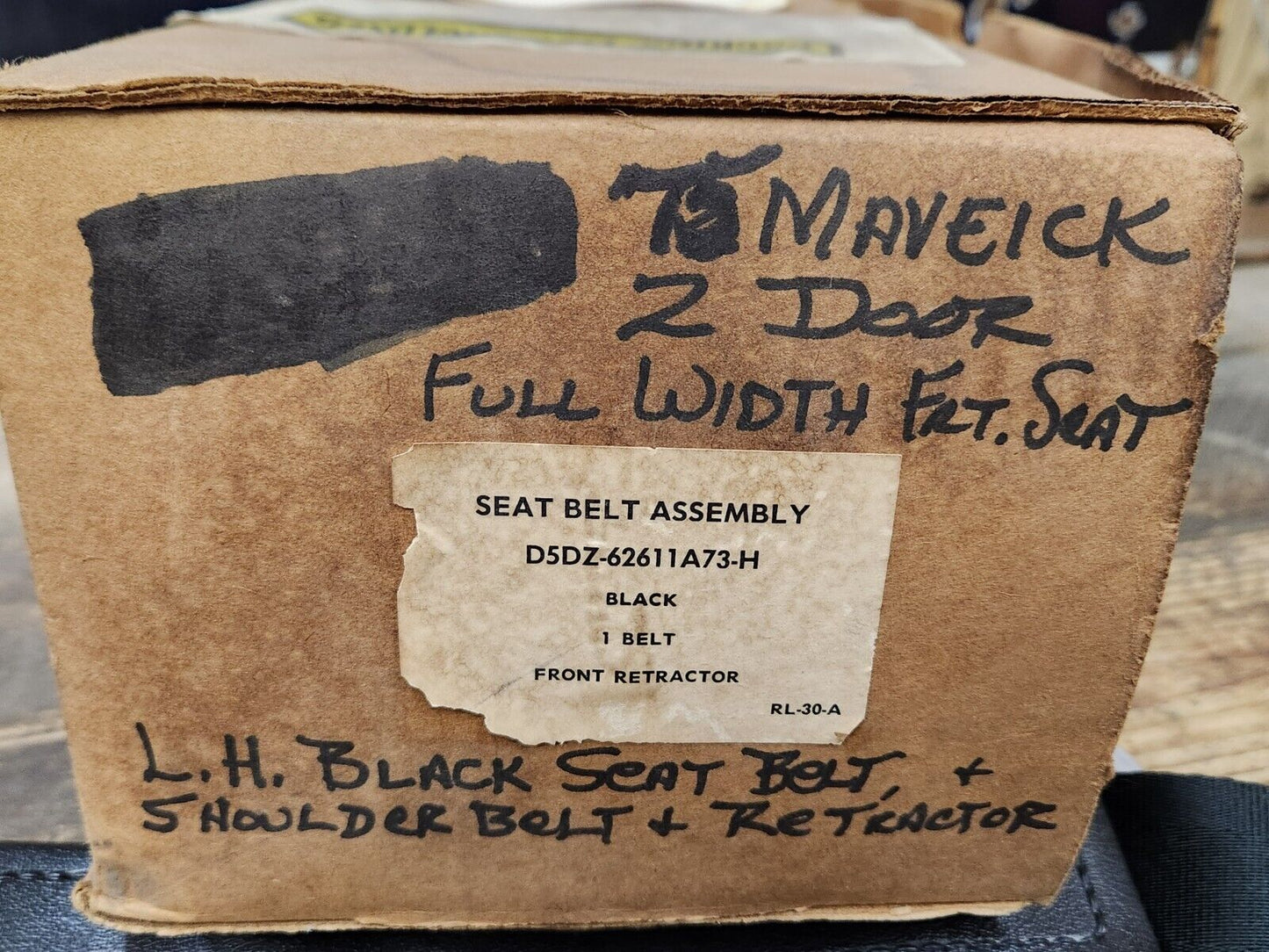 NOS OEM 1975 Ford Maverick 2 Door Black LH Shoulder Seat Belt D5DZ-62611A73-H