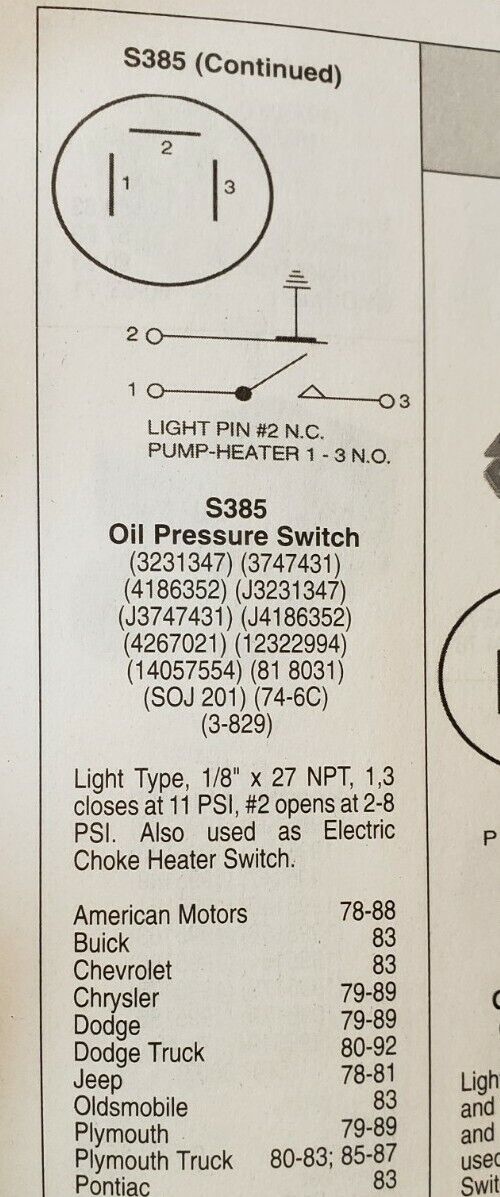 NEW Engine Oil Pressure Sender With Light CHEVY BUICK Olds Jeep 1978-1988