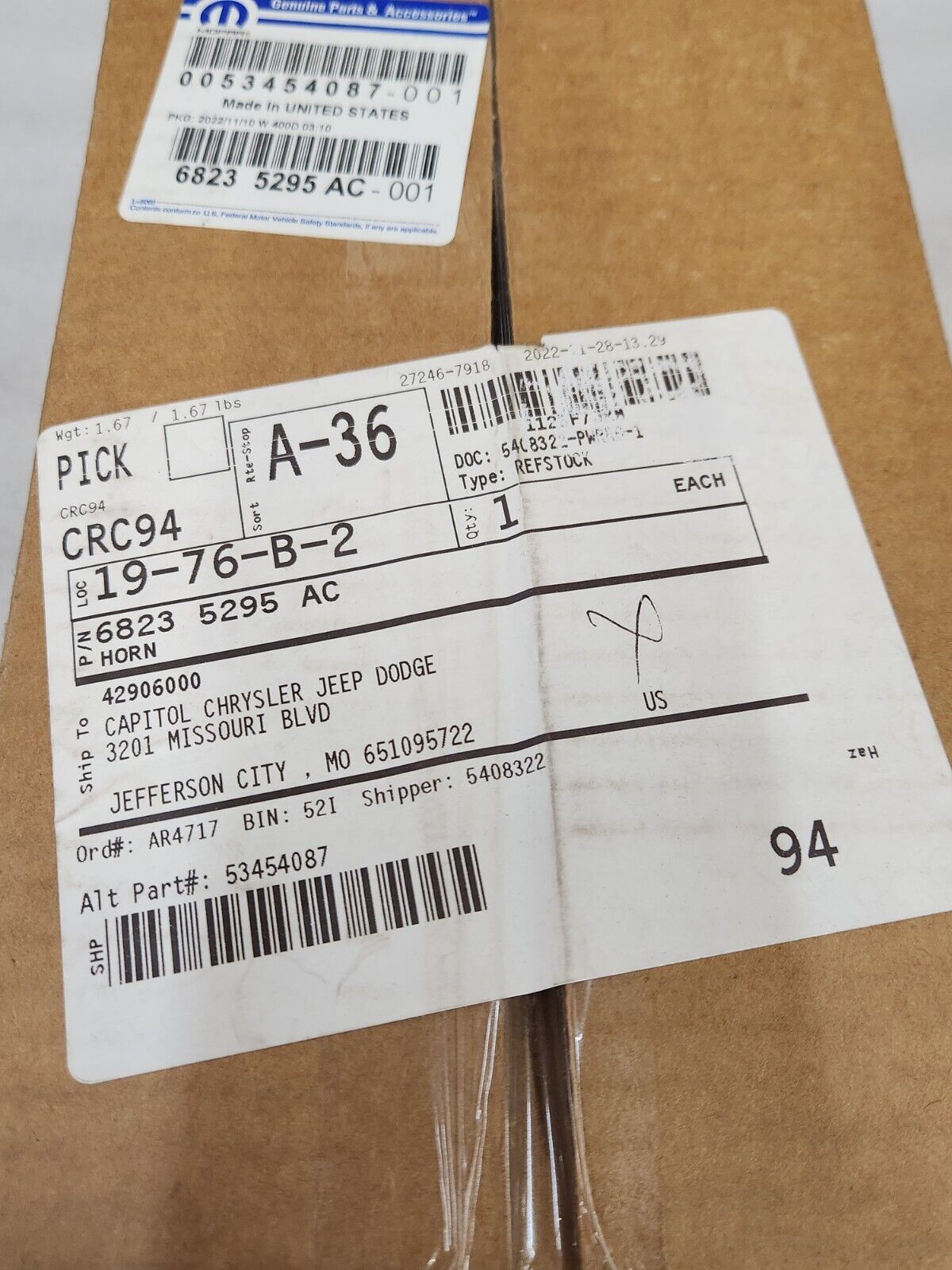 2014-2018 JEEP GRAND CHEROKEE HORN & BRACKET OEM NEW MOPAR 68235295AC