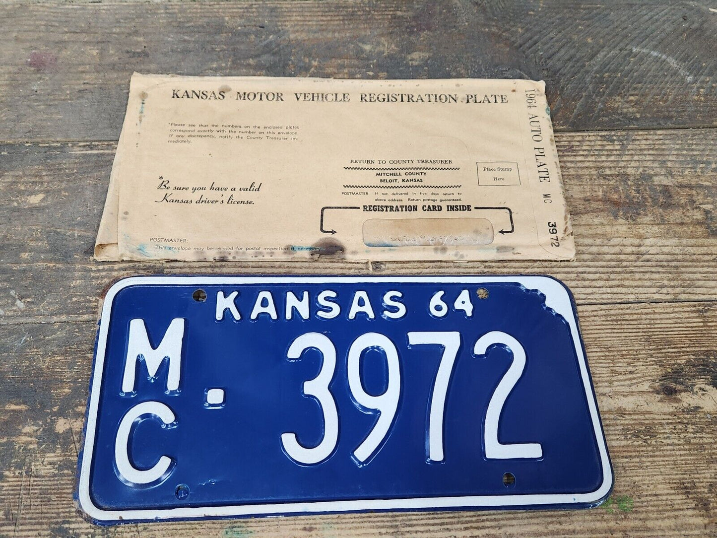 NOS 1964 KANSAS KS LICENSE PLATE TAG MC 3972 Mitchell County ANTIQUE Vintage NEW