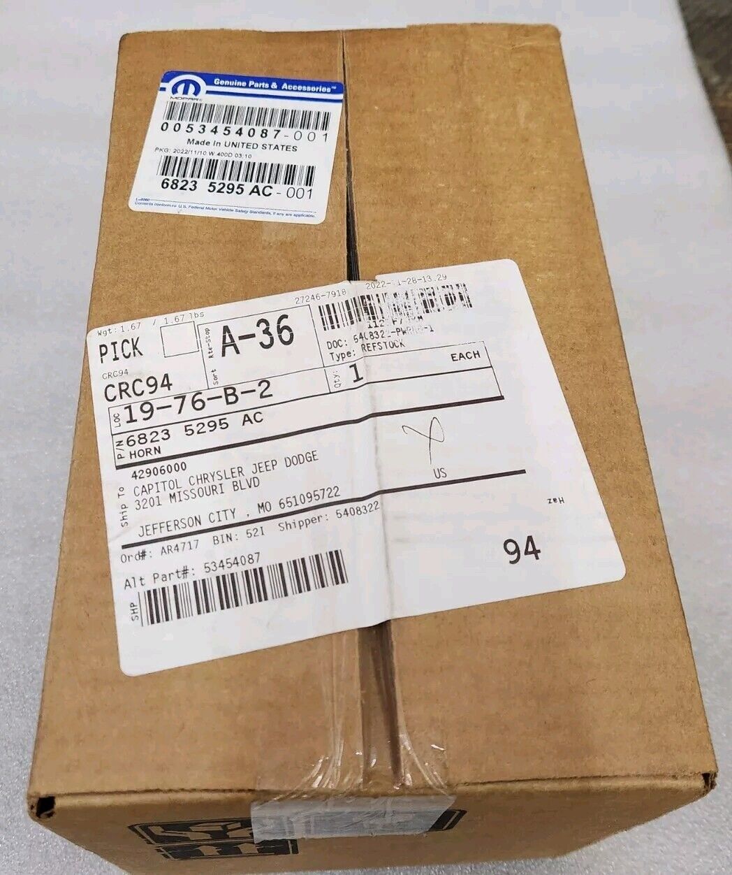 2014-2018 JEEP GRAND CHEROKEE HORN & BRACKET OEM NEW MOPAR 68235295AC