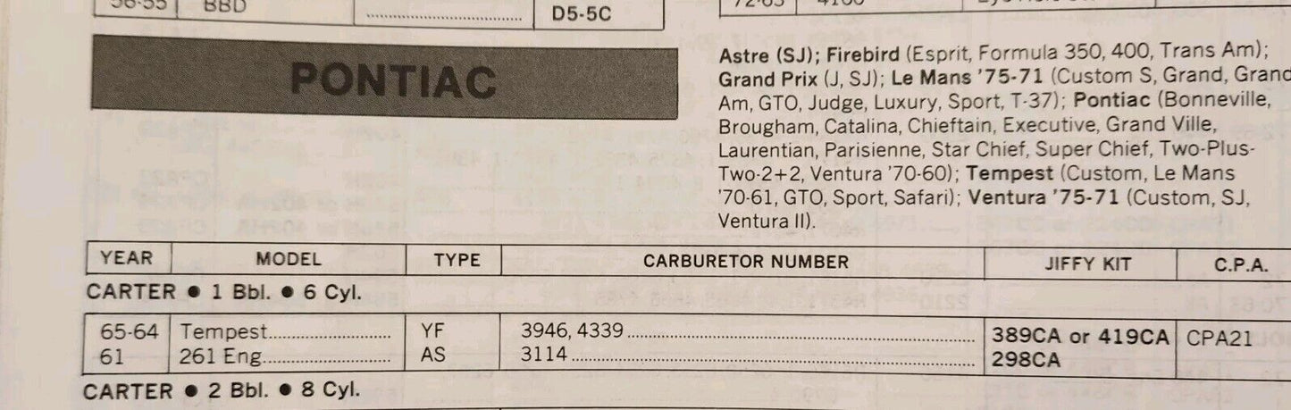 NEW Carter YF Carburetor Rebuild Kit 1963-71 Chevrolet Ford GMC & Jeep Jiffy