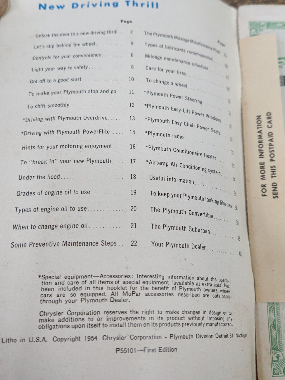 1954 PLYMOUTH OWNERS MANUAL FIRST EDITION P55101 GREAT CONDITION COMPLETE