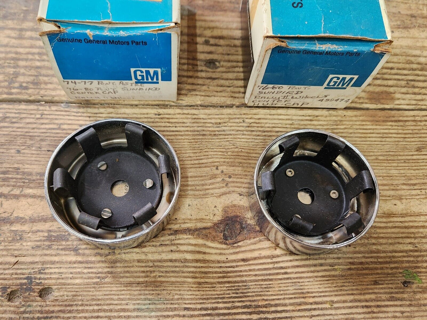 NOS PAIR 1974-1980 Pontiac Astre GT SJ Sunbird Rally Wheel Center Caps GM 499474