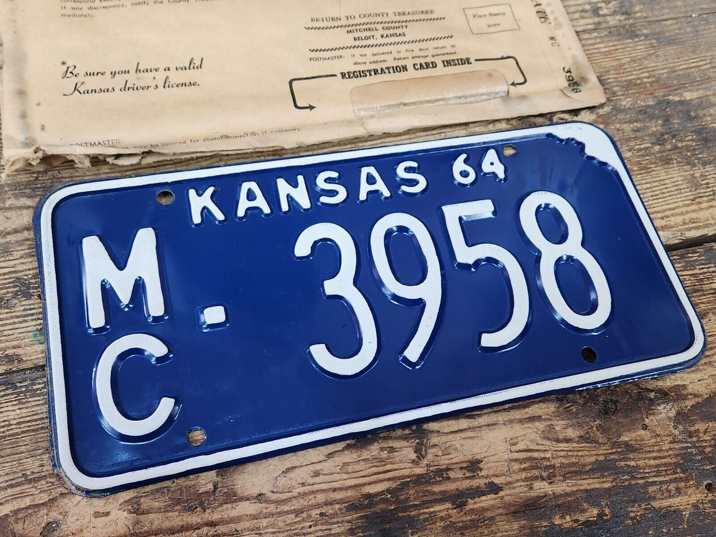 NOS 1964 KANSAS KS LICENSE PLATE TAG MC 3958 Mitchell County ANTIQUE Vintage NEW