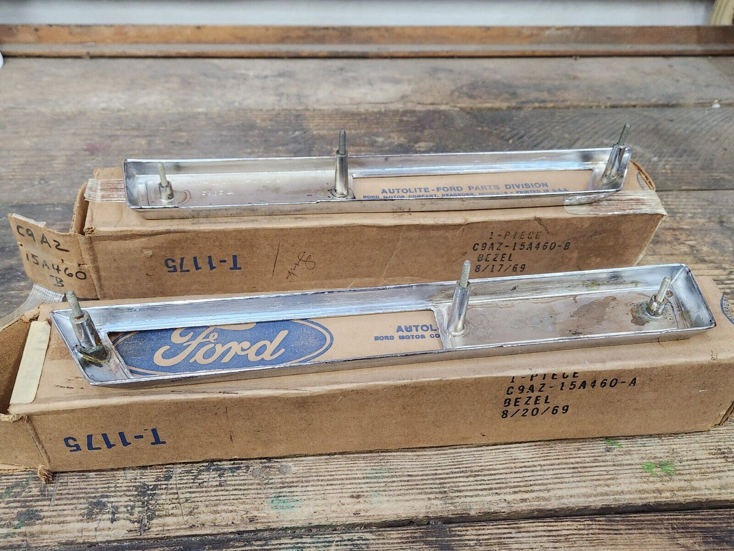 NOS OEM Ford 1969 Galaxie 500 Marker Lamp Bezels Fender Ornaments Emblems