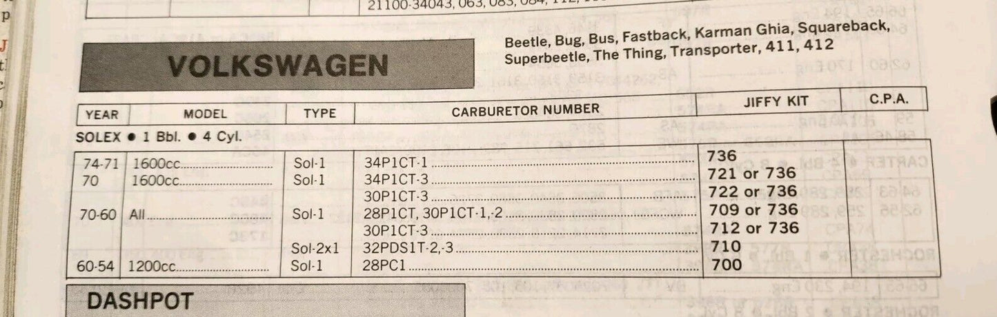 NEW Solex 1-BBL 1600cc Carburetor Rebuild Kit 1960-1974 VW Volkswagen USA MADE