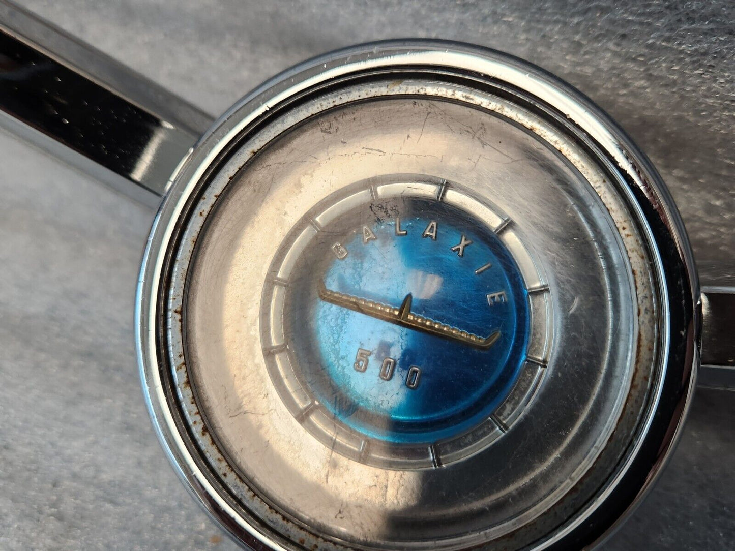 1963 1964 Ford Galaxie Horn Ring w/ Clear & Blue Steering Wheel Center Emblem