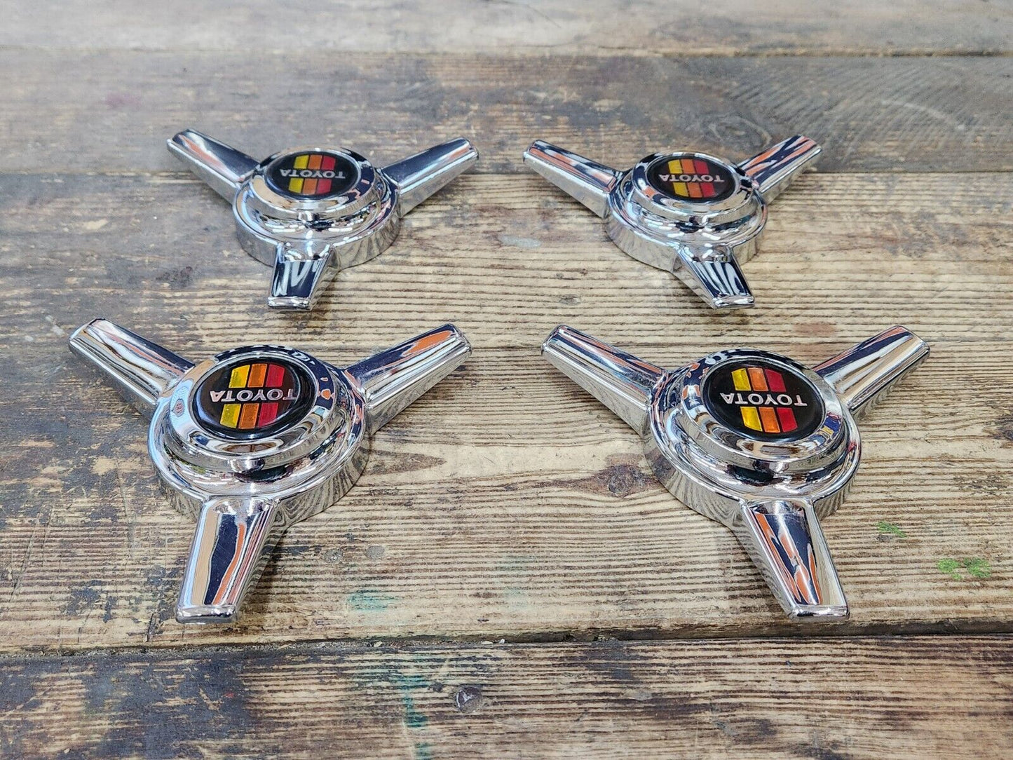 RARE VTG NOS TRD Toyota Tri Spoke Chrome Knock Off Spinner Wheel Center Caps Set