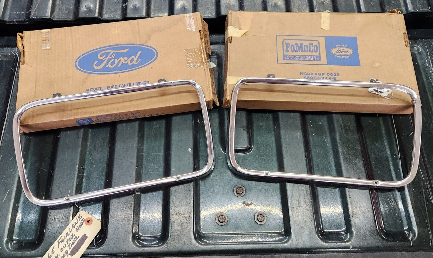 NOS OEM 1965 Ford Fairlane Headlight Door Bezels Pair Trim C5OZ-13064-A / B