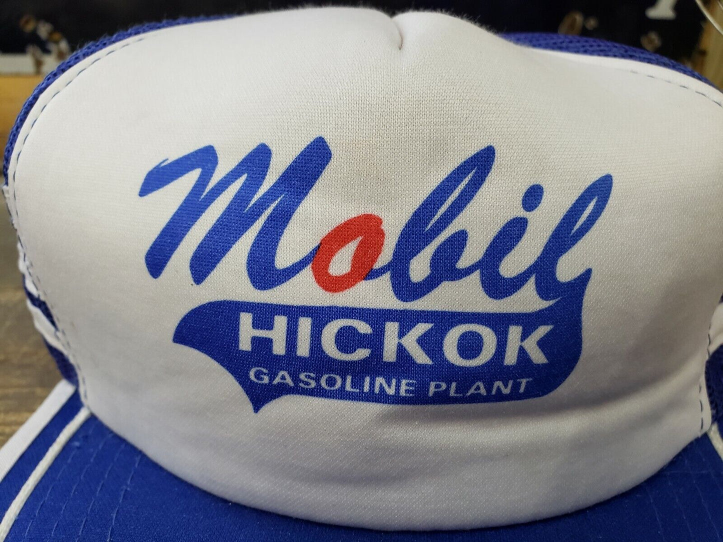 Vintage Mobil Hickok Gas Plant Three 3 Stripe Mesh Trucker Hat Oil Snapback