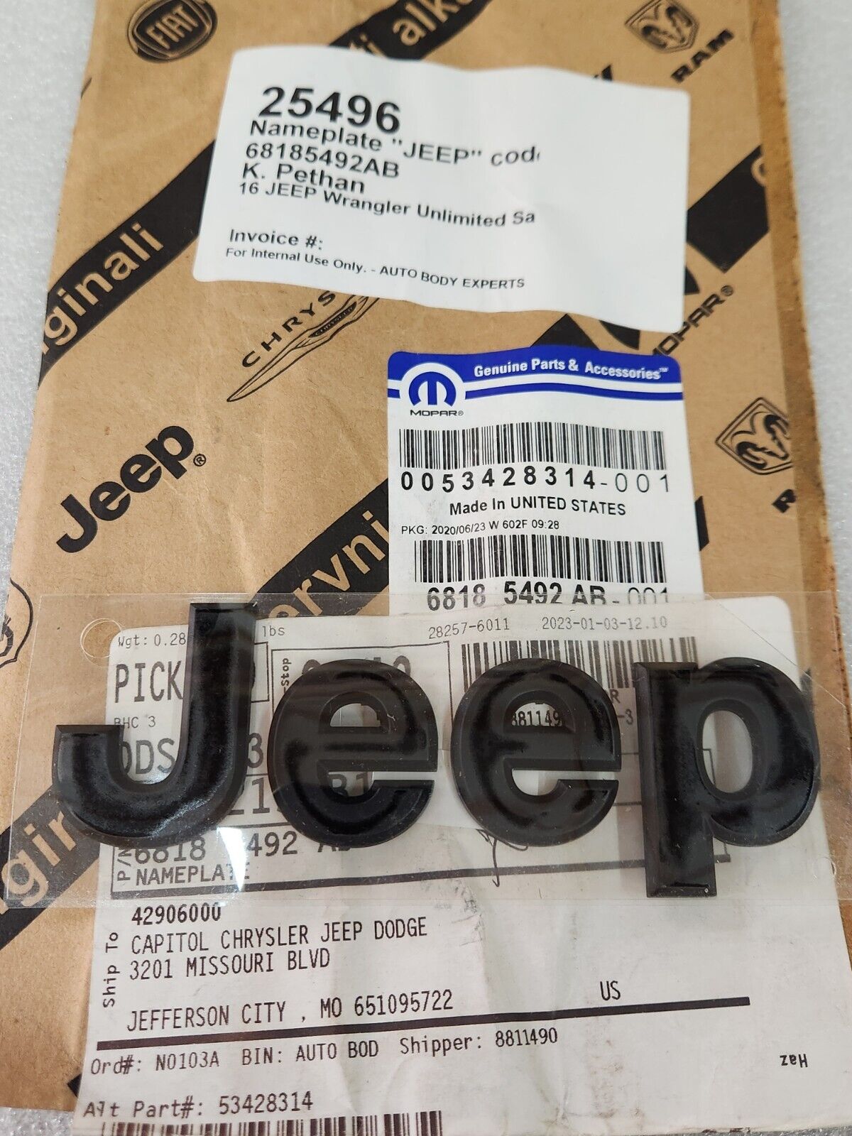NEW OEM 2012-2014 Jeep Wrangler Black Hood Nameplate Badge Emblem 68185492AB
