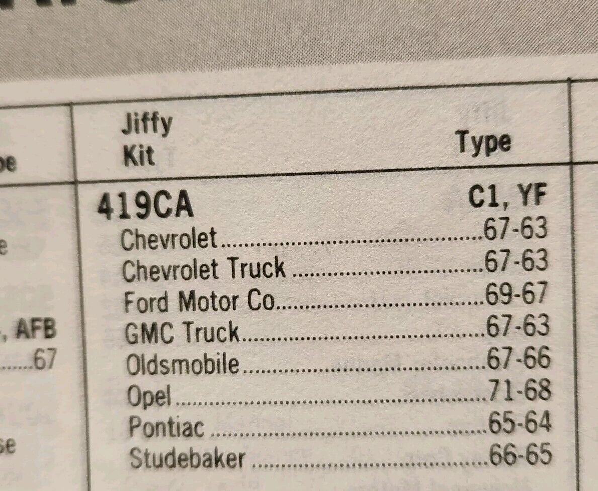 NEW Carter YF Carburetor Rebuild Kit 1963-71 Chevrolet Ford GMC & Jeep Jiffy