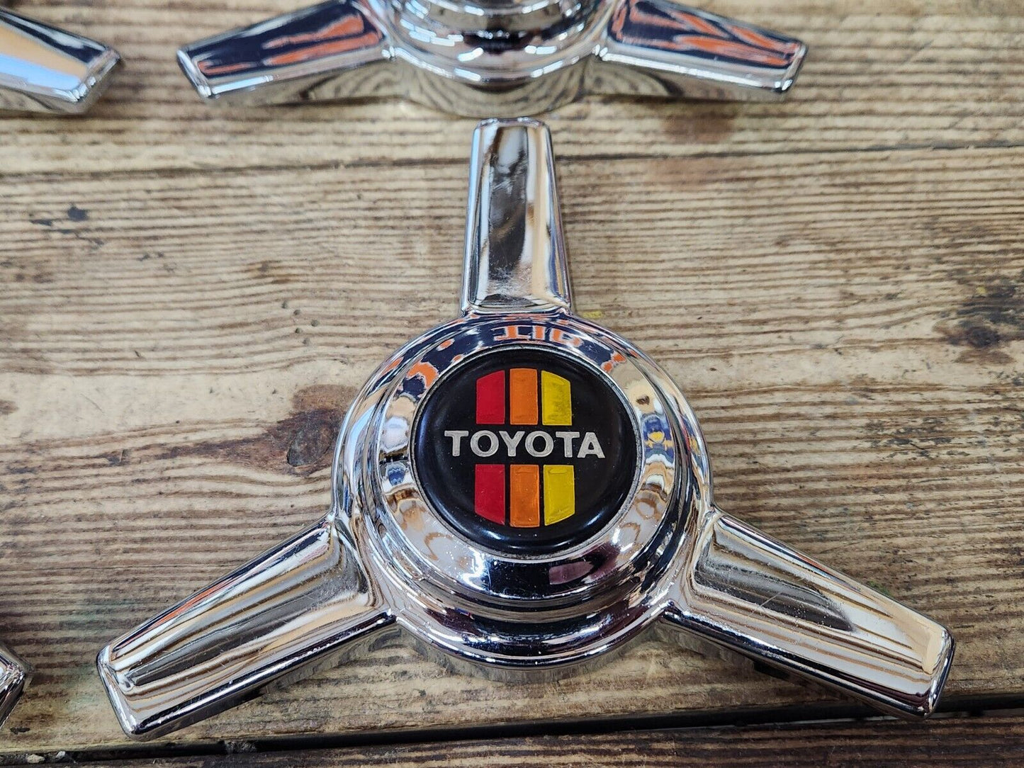 RARE VTG NOS TRD Toyota Tri Spoke Chrome Knock Off Spinner Wheel Center Caps Set