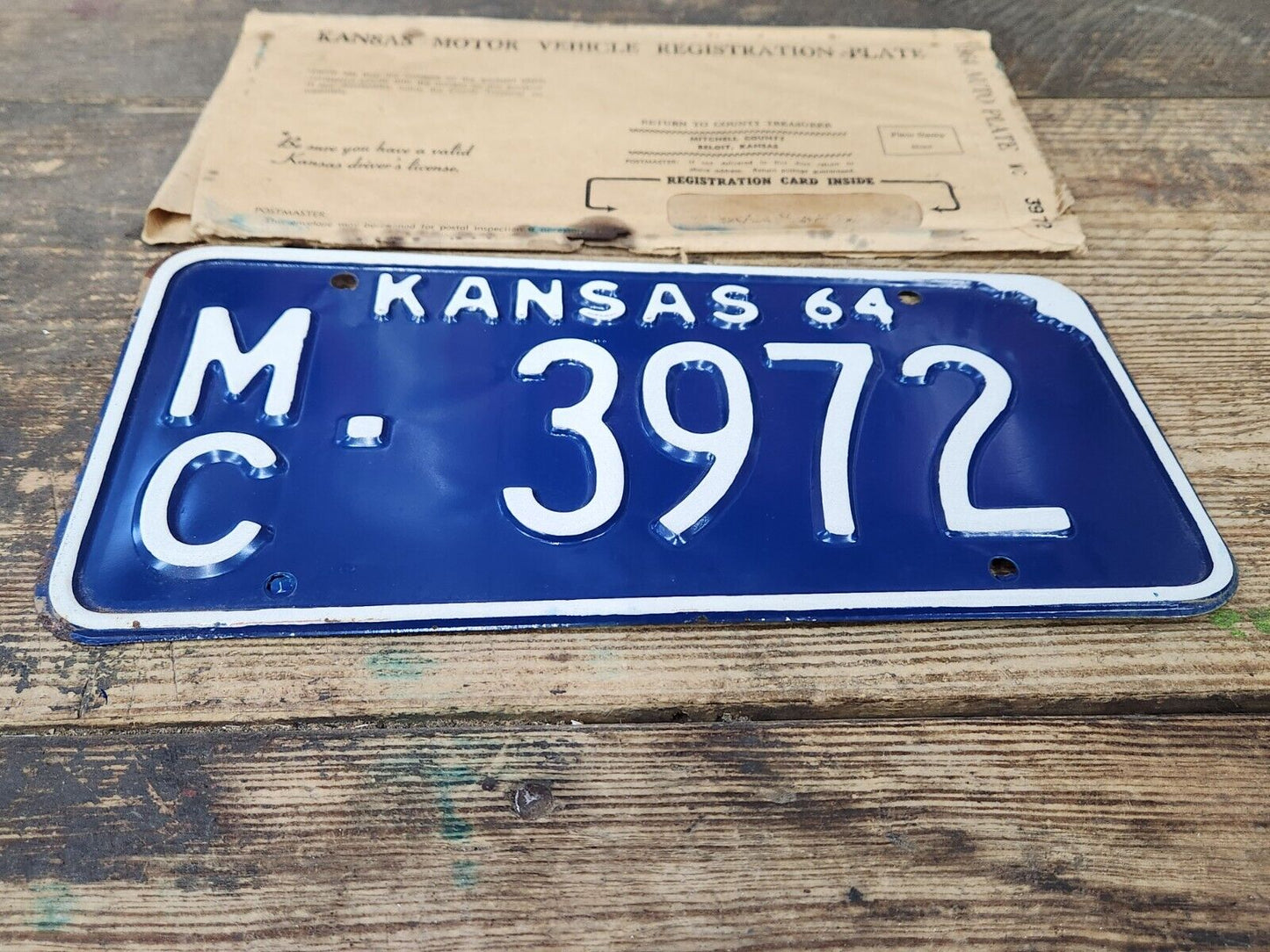 NOS 1964 KANSAS KS LICENSE PLATE TAG MC 3972 Mitchell County ANTIQUE Vintage NEW