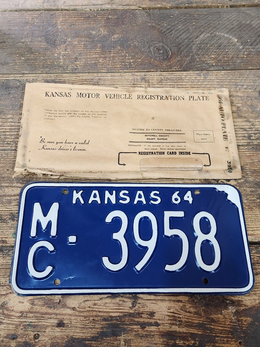 NOS 1964 KANSAS KS LICENSE PLATE TAG MC 3958 Mitchell County ANTIQUE Vintage NEW