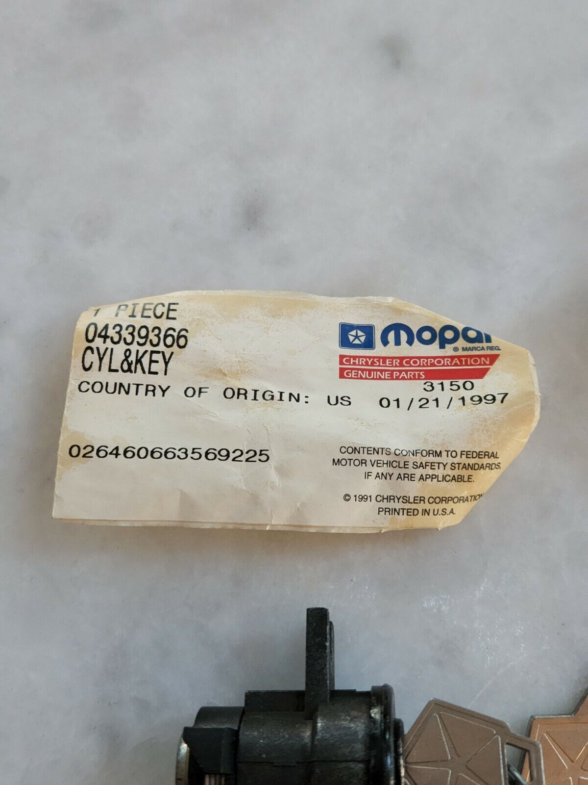 NOS OEM 1984 Mopar Lock Cylinder & Key Dodge Chrysler Plymouth Laser 4339366