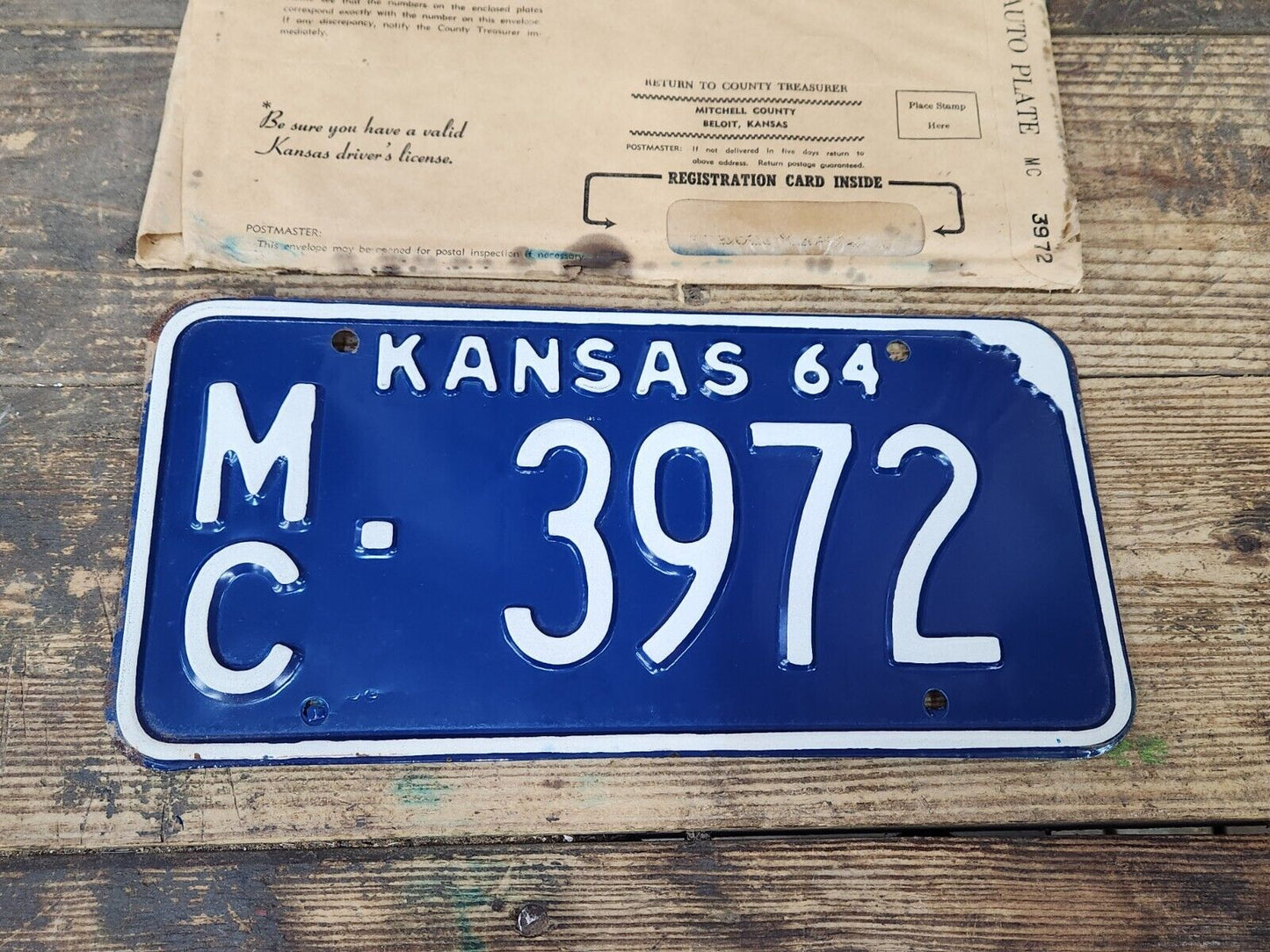 NOS 1964 KANSAS KS LICENSE PLATE TAG MC 3972 Mitchell County ANTIQUE Vintage NEW