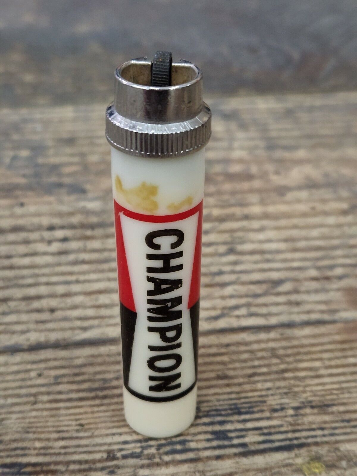 Vintage Round Plastic Advertiser Lighter Champion Spark Plugs RARE Gas Oil