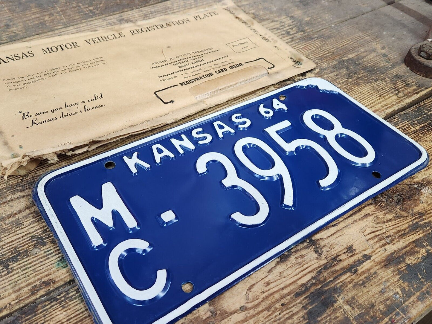 NOS 1964 KANSAS KS LICENSE PLATE TAG MC 3958 Mitchell County ANTIQUE Vintage NEW