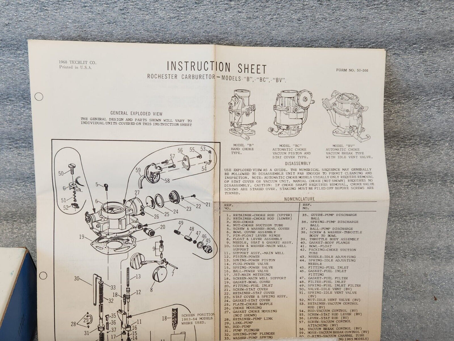 NEW ROCHESTER B-BC-BV 1 BBL CARBURETOR KIT 61-68 PONTIAC 64-65 OLDS BUICK 6 CYL