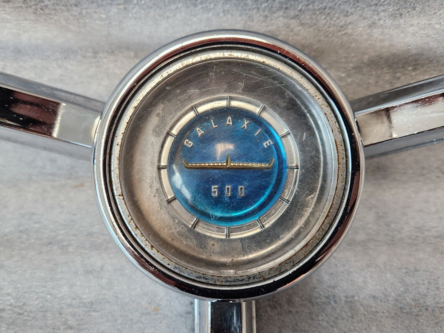 1963 1964 Ford Galaxie Horn Ring w/ Clear & Blue Steering Wheel Center Emblem