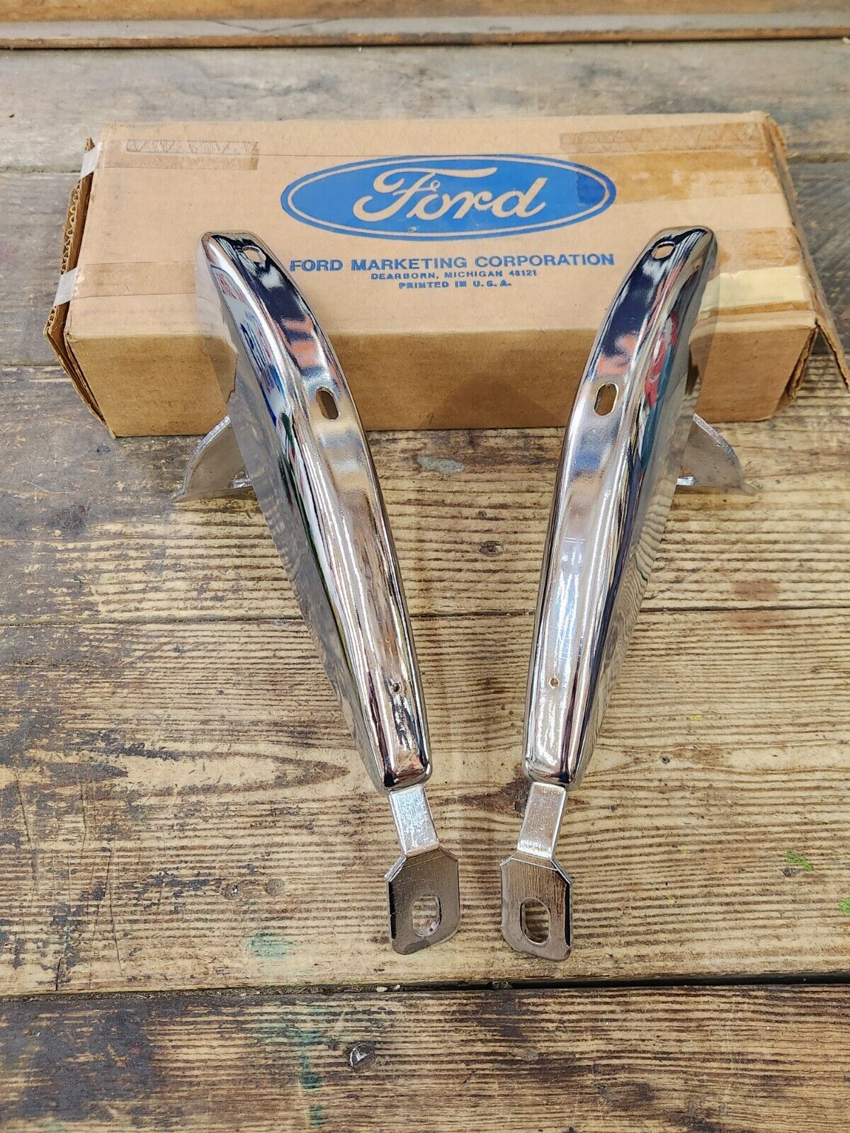 NOS OEM 1970 1971 Ford Maverick Chrome Front Bumper Guards Pair Low Protection