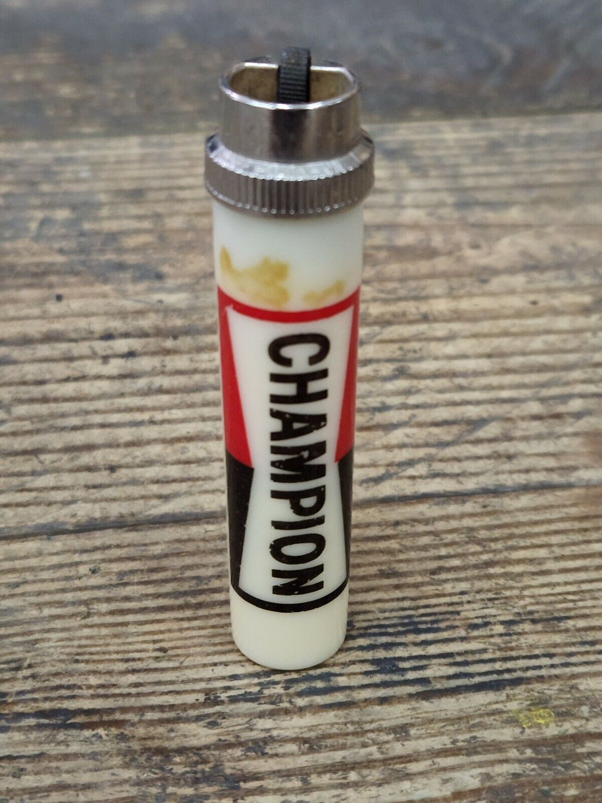 Vintage Round Plastic Advertiser Lighter Champion Spark Plugs RARE Gas Oil