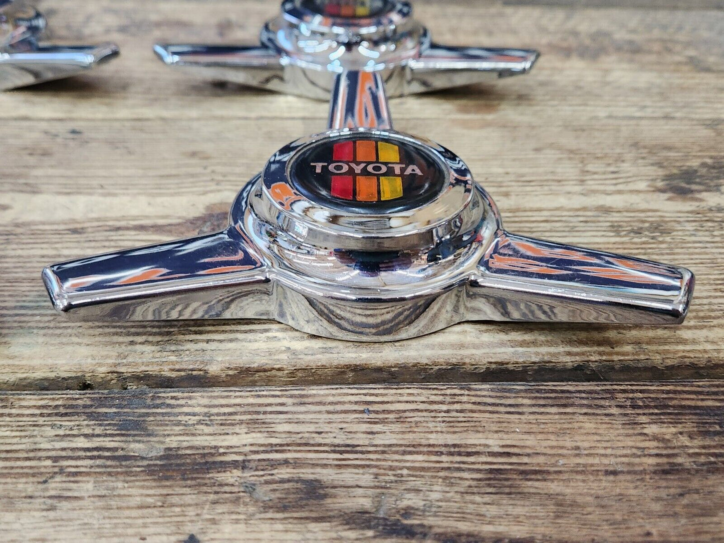 RARE VTG NOS TRD Toyota Tri Spoke Chrome Knock Off Spinner Wheel Center Caps Set
