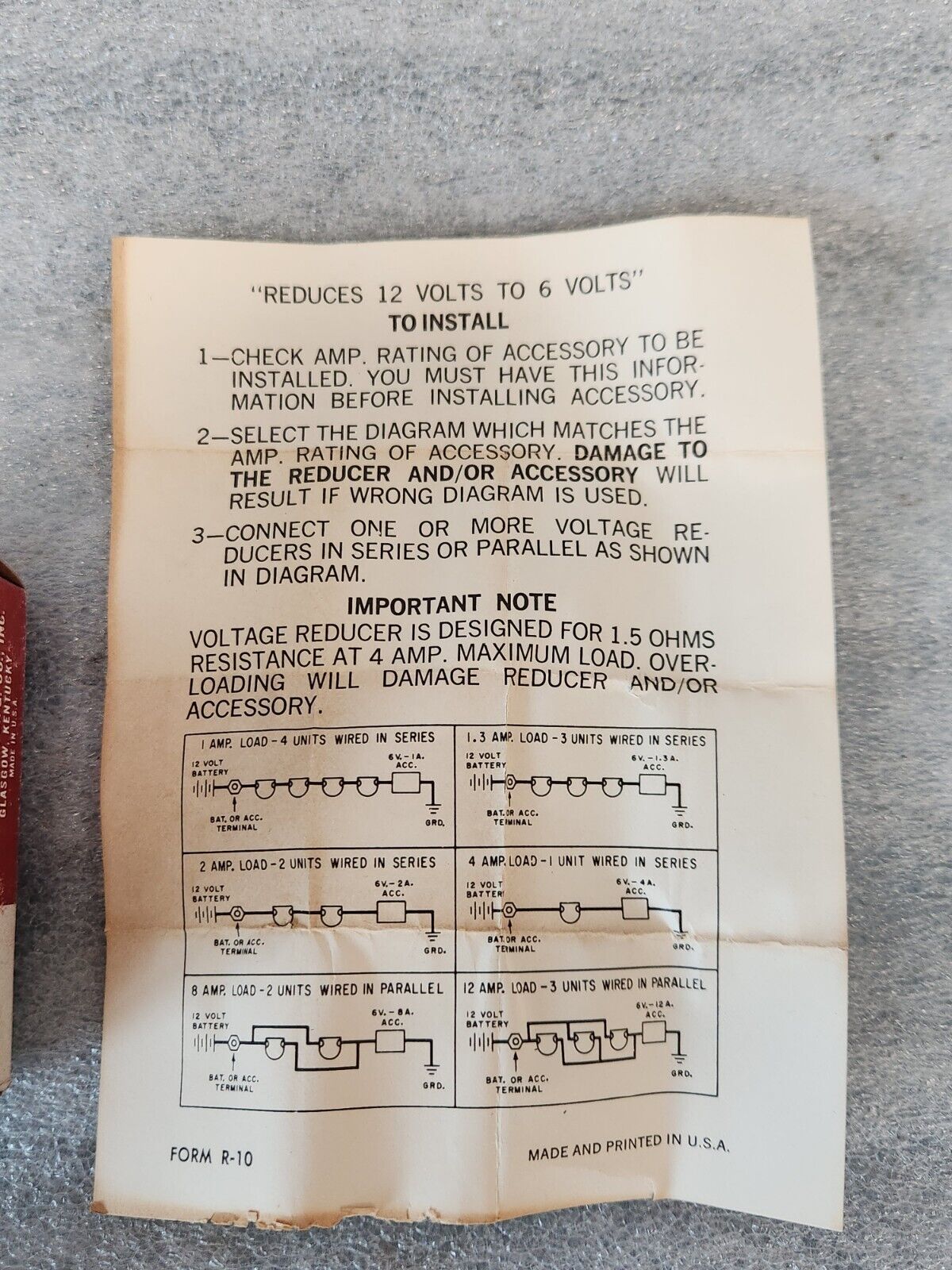 BRAND NEW MADE IN THE USA 12 VOLT TO 6 VOLT VOLTAGE REDUCER & INSTRUCTIONS V0-1