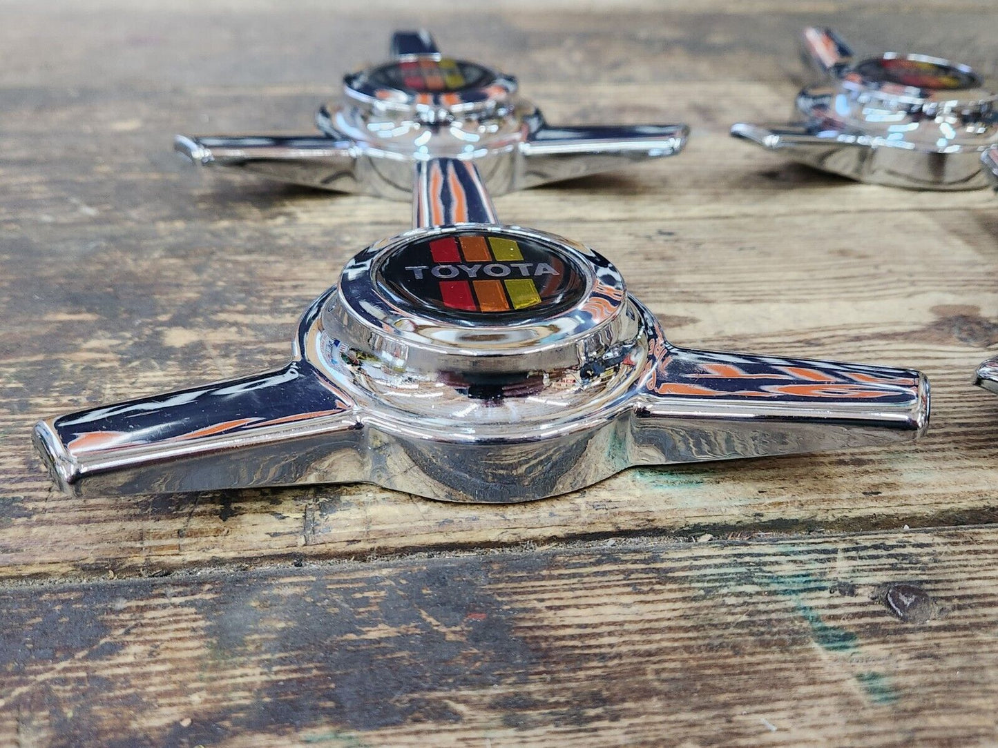 RARE VTG NOS TRD Toyota Tri Spoke Chrome Knock Off Spinner Wheel Center Caps Set