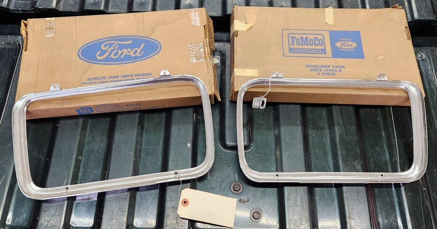 NOS OEM 1965 Ford Fairlane Headlight Door Bezels Pair Trim C5OZ-13064-A / B