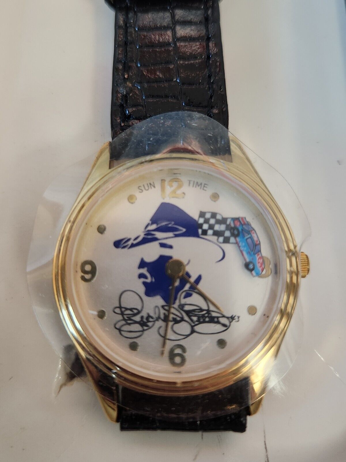 Vintage Richard Petty Sun Time Watch Black Band White Face New in Tin