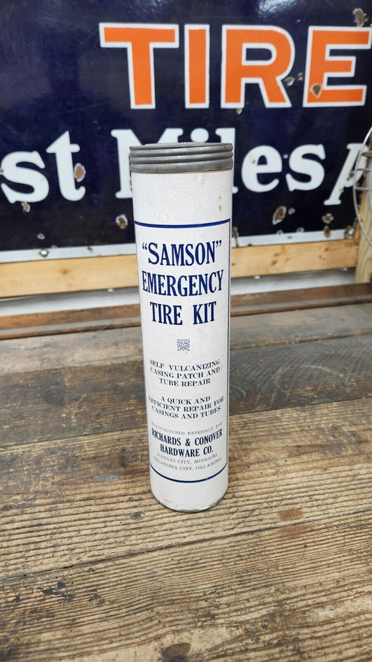 Vintage SAMSON Tire & Rubber Repair Kit Self Vulcanizing Advertising Can KCMO