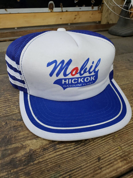 Vintage Mobil Hickok Gas Plant Three 3 Stripe Mesh Trucker Hat Oil Snapback