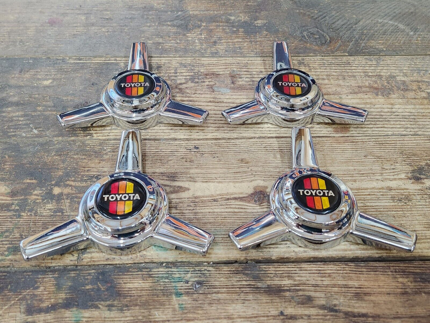 RARE VTG NOS TRD Toyota Tri Spoke Chrome Knock Off Spinner Wheel Center Caps Set